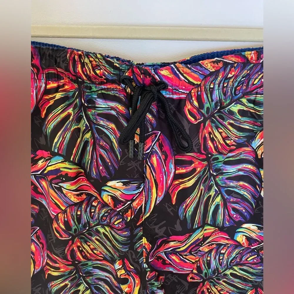 Broken Threads Surf, Tropical Swim Trunks, Sz L black NEW